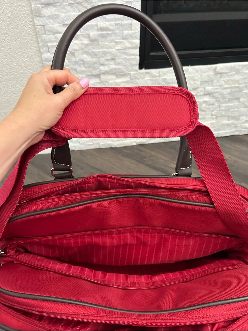 Chaps Red Triple Compartment Weekender Travel Tote Bag Brown Trim